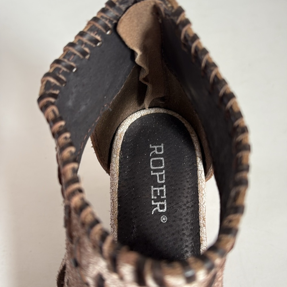 Roper vintage style suede beige w fringe fashion open toe sandal stacked heel - Picture 12 of 16